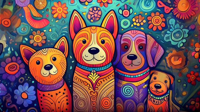 pattern dogs with colorful rainbow flower background wallpaper