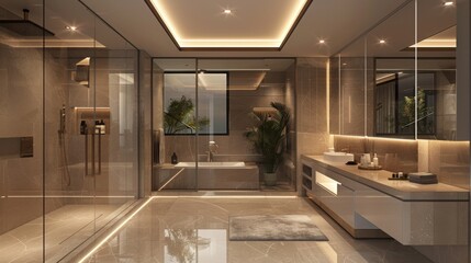 High-resolution 3D rendering of a modern bathroom with sleek, glossy surfaces, integrated lighting in the ceiling, and a frameless glass shower enclosure.