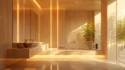 High-resolution 3D rendering of a modern bathroom with a minimalist design, featuring an oversized mirror and vertical LED bars for a dramatic effect.