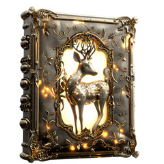 Stunning illustration of a golden deer surrounded by magical lights within an ornately carved metallic frame, blending fantasy and elegance.