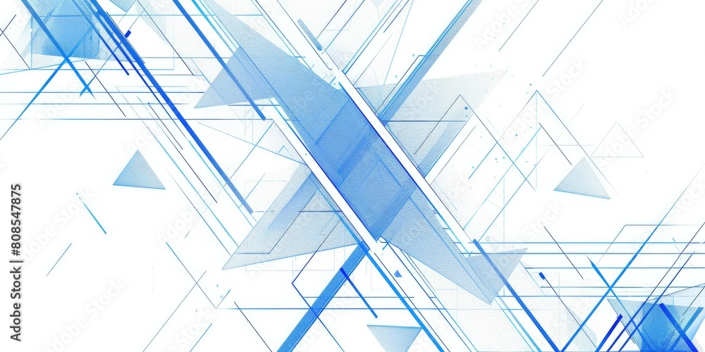 Poster vector logo with blue lines and white background, blue triangle shapes and patterns in a minimalisti