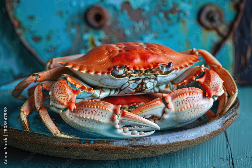 Wall mural whole dungeness crab on blue background - freshly caught and boiled for delicious seafood feast -