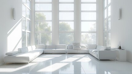High-resolution 3D rendering of a minimalist living room with midday sunlight streaming through large windows, highlighting sleek, white furniture.