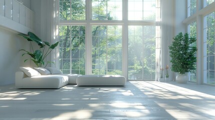 High-resolution 3D rendering of a minimalist living room with midday sunlight streaming through large windows, highlighting sleek, white furniture.