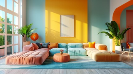 High-resolution 3D rendering of a minimalist living room with a youthful, vibrant tone, using bright accents over a neutral base and geometric furniture.