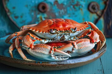 Whole Dungeness Crab on Blue Background - Freshly Caught and Boiled for Delicious Seafood Feast - - Powered by Adobe