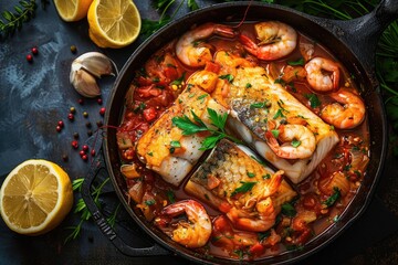 Top View Cioppino: A Traditional American Fish Stew with Prawns and Fish in Modern Cast-Iron