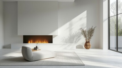 High-resolution 3D rendering of a minimalist living room with a low-profile, elegant fireplace and clean Scandinavian design under bright, clear daylight.