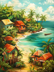 wide shot, village on tropical island, different houses, beach, palms