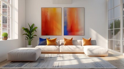 High-resolution 3D rendering of a minimalist living room in a cheerful mood, with vibrant sunlight illuminating colorful minimalist art on white walls.
