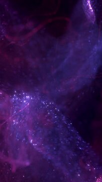 Elegant purple pink abstract particle swirl background loop. Decorative vertical surreal luxury 3D animation backdrop. Glowing light streaks and vibrant sparks showcase backplate.