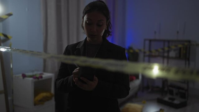 A young latina detective takes notes at an indoor crime scene with caution tape, evident in a dark, dramatic setting.