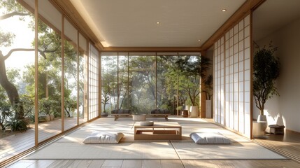 High-resolution 3D rendering of a minimalist Japan living room featuring tatami mat flooring and simple, elegant furniture under soft, diffused daylight.