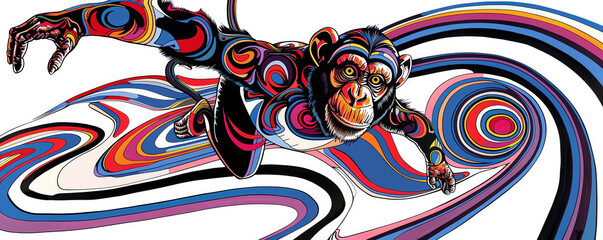 A monkey is flying through a colorful swirl