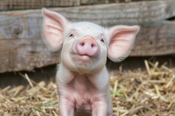 Smiling Berkshire Pig on the Farm. Cute Baby Piglet with Pink Fur and Playful Curiosity
