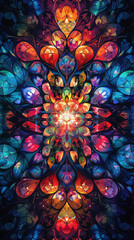 A colorful, abstract painting of a flower with a large, bright red center
