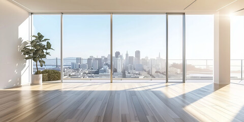 empty room with large windows on  cityscape background