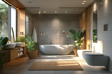 Fototapeta premium Modern Bathroom With Tub, Sink, Toilet, and Plants. Generative AI