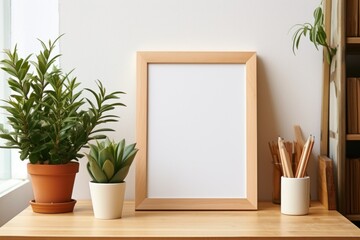 Picture frame on wooden table next to potted plant. Generative AI