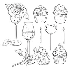a set of hand drawn illustrations of wine glasses , cupcakes , candles and roses