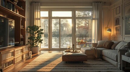 High-resolution 3D rendering of a living room with clean lines and a limited color palette, where the early morning sun creates a serene environment.