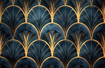 An art deco inspired pattern with gold lines and dark blue backgrounds, suitable for glamorous event backdrops or upscale retail displays