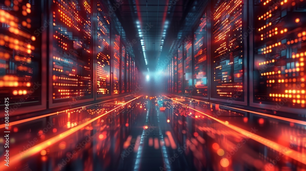 Poster A high-tech trading floor visualized as a 3D grid with glowing lines of stock market data flowing across it, symbolizing the fast-paced financial transactions. Generative AI.