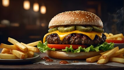 A delectable cheeseburger with crisp lettuce, tangy pickles, and savory sauce, paired with golden fries, against a dark, out-of-focus backdrop.

