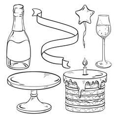 Monochrome drawing of Drinkware, Bottle stopper, Glass, Cake with sparklers