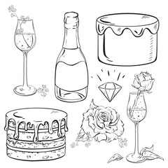 Monochromatic drawing with drinkware, bottle, and diamond on table