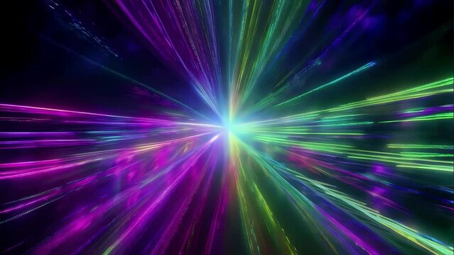 Animated abstract colorful background with bright neon violet and green rays glowing lines making some tunnel. High quality 4k footage