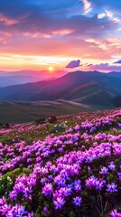 Sunset Over a Blooming Purple Mountain Meadow During Springtime