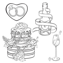 A monochrome drawing featuring drinkware, wedding cake, and rings