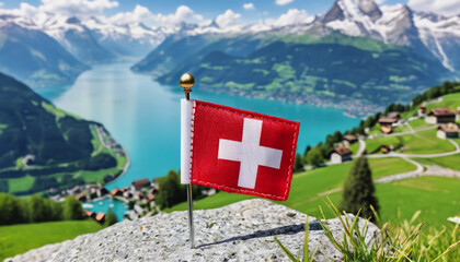 Swiss flag and mountain range on a sunny summer day with blue sky and clouds. Confederation Day is a national holiday in Switzerland