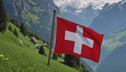 Swiss flag and mountain range on a sunny summer day with blue sky and clouds. Confederation Day is a national holiday in Switzerland