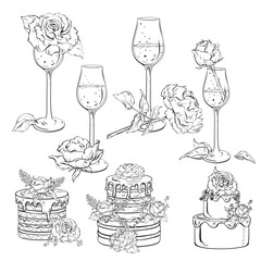 A monochromatic drawing featuring drinkware, roses, pancakes, and a cake