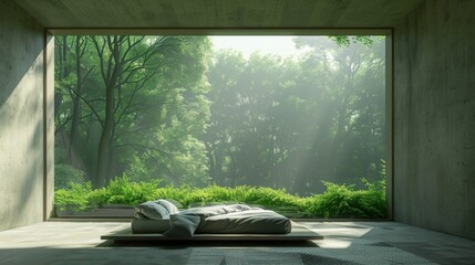 High-resolution 3D rendering of a compact minimalist bedroom with a single large window that provides a view of a dense, green forest and streams soft daylight into the room.