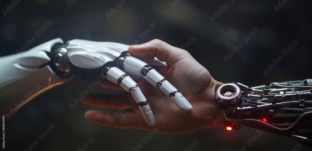 Poster hand of robot and human nearly touch on black studio. generative ai.