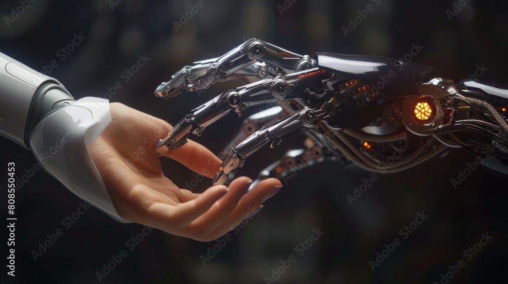 Poster Hand of robot and human nearly touch on black studio. Generative AI.