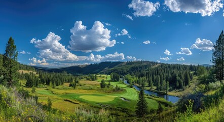 Summer Panoramic View of Course Nestled Amidst Lush Greenery, River