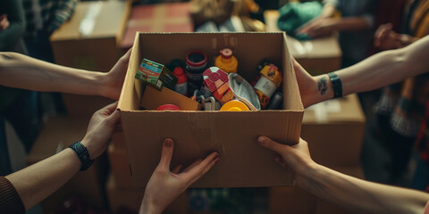 People giving to those in need, a group of friends hold up an open box full with various items and reaching out their hands for help