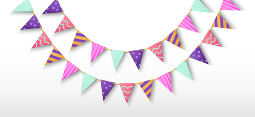 Triangle party garland with ornaments. Realistic 3d vector flag bunting for birthday or carnival design. Funfair hanging triangular paper pennant string. Holiday event festive decoration with pattern.