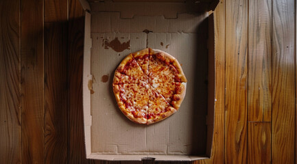 pizza on wooden table in box