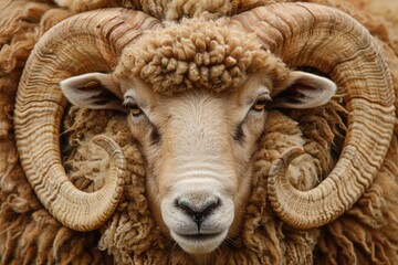 Naklejka premium Symmetric Curved Horns of Jampacked Mongolian Sheep Ram with Woolly Curly Wool and Intense Stare