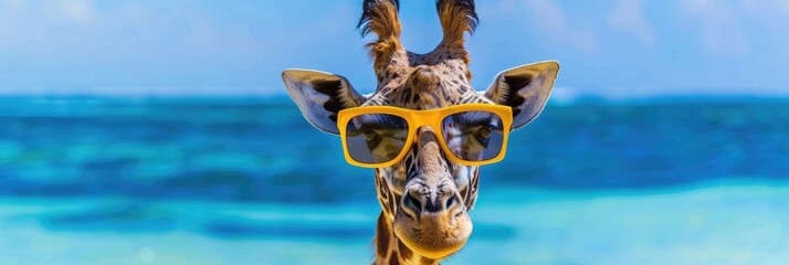 Fototapeta premium Silly Giraffe on Summer Vacation: Beach, Sunglasses, and Tropical Fun