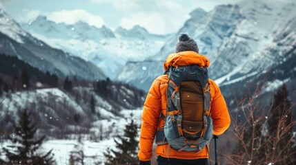 Survival Apparel: Man Wearing Bright Orange Softshell Jacket and Backpack Trekking on Winter