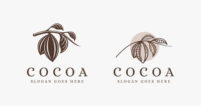 Vintage cocoa branch logo, cocoa bean, cocoa plant logo icon vector template on white background