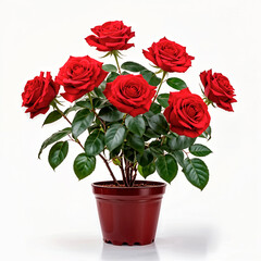 Rose bush with red roses, in a pot, isolated on white background.