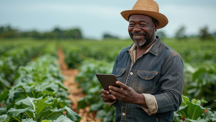 A smiling black farmer stands in his vegetable field, holding an iPad. Created with Ai