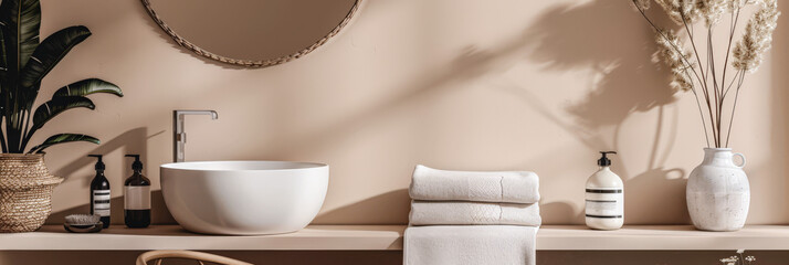 Modern minimalist bathroom with elegant touches and neutral tones.